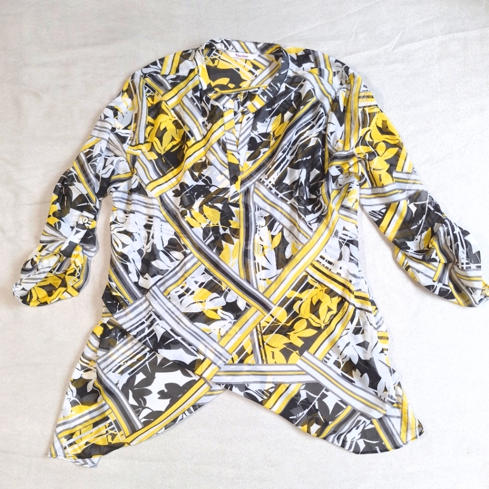 Tanjay Yellow Black Semi Sheer Blouse, Large - Picture 1 of 10